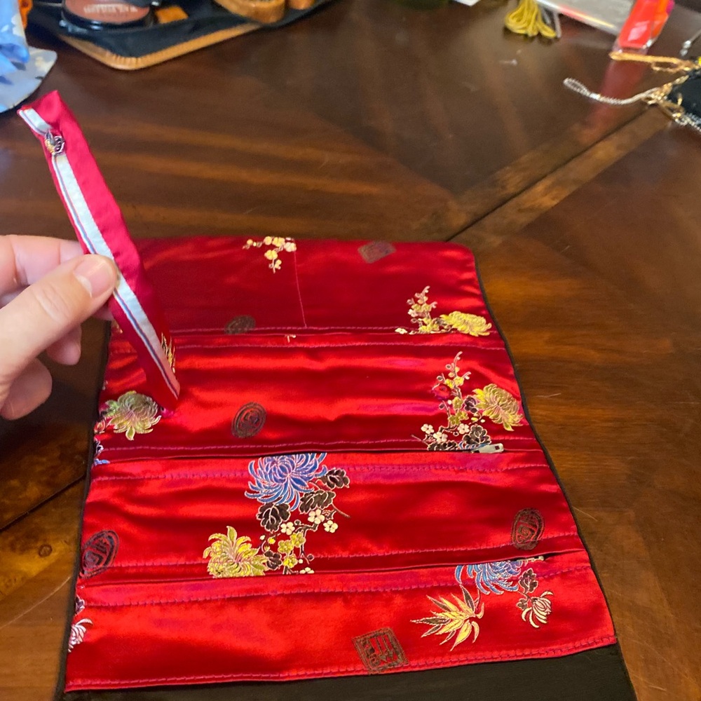 Red Embroidered Satin Fold-Over Cosmetic/Jewelry Pouch with Braided Tie - Picture 2 of 9